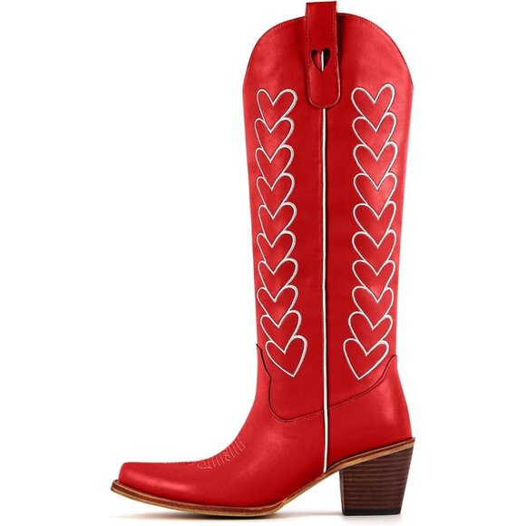 Women's Red Hearts Cute Embroidery Chunky Knee Block High Heel Western Boots - Picture 2 of 4